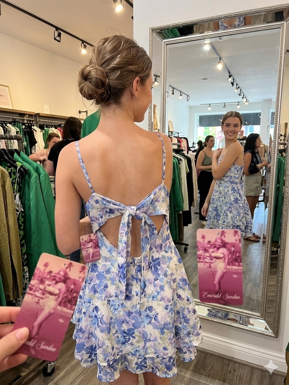 Emerald Sundae Blue and White Backless Floral Tie-Back Dress